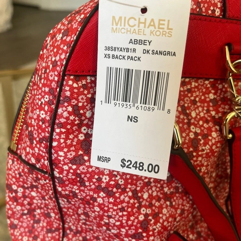 🌸NWT Authentic Michael Kors Abbey Mini Backpack - Red Floral with Gold Accents